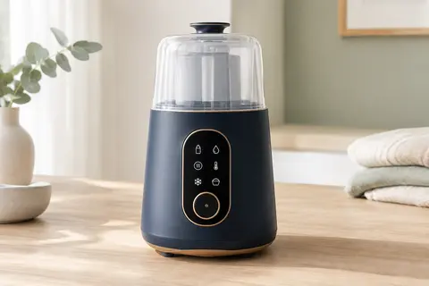 Chauffe-biberon Béaba Multi Milk bleu nuit avec écran tactile et cloche vapeur sur un plan de bois clair.