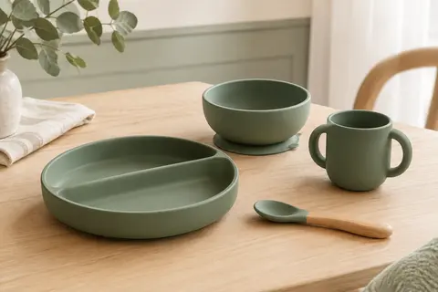 Coffret Béaba en silicone avec assiette, bol, tasse et cuillère posé sur une table claire.