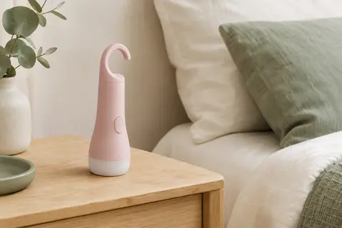 Veilleuse torche rose Béaba avec crochet souple, posée sur une table en bois clair dans une chambre