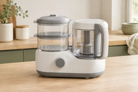 Robot cuiseur-mixeur bébé blanc et gris avec son gobelet et son panier vapeur, sur un plan en bois clair.