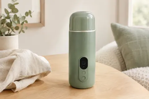 Chauffe-biberon digital nomade vert posé sur une surface en bois clair dans un décor lumineux