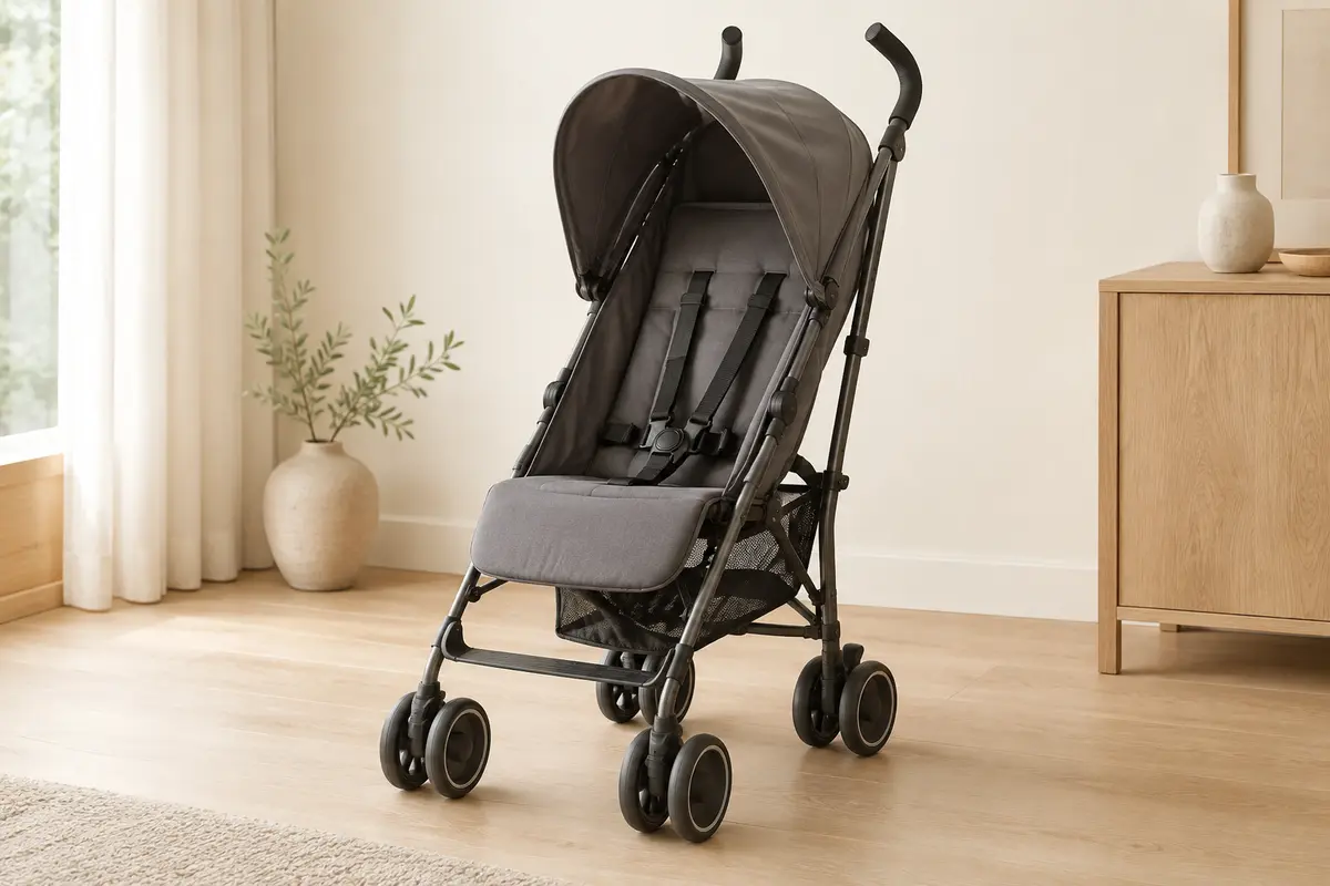 Poussette canne Bebeconfort Rainbow dépliée, avec siège rembourré et structure gris graphite