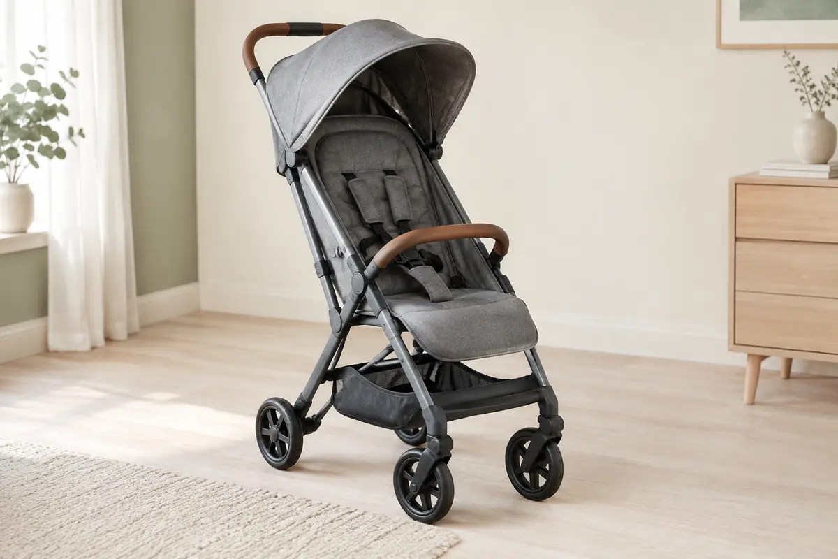 Poussette canne Bebeconfort Sunlite gris fumé dépliée, avec assise, repose-pieds et panier.
