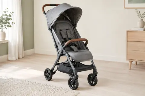 Poussette canne Bebeconfort Sunlite gris fumé dépliée, avec assise, repose-pieds et panier.