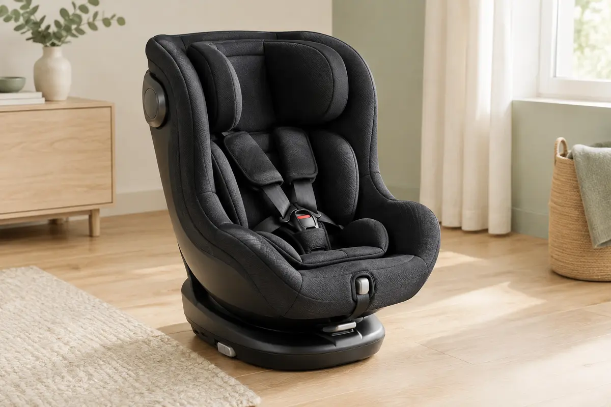 Siège auto évolutif noir avec base pivotante et appui-tête réglable, photographié seul dans un intérieur clair.