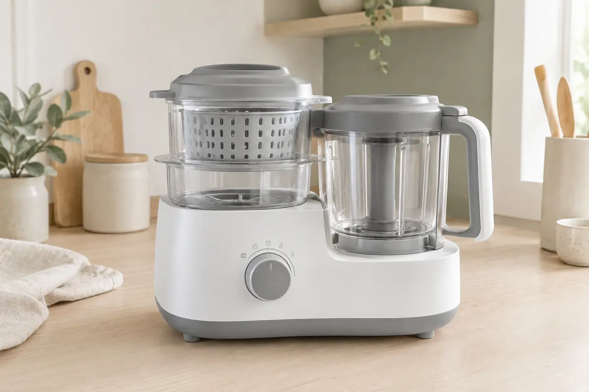 Robot cuiseur-mixeur Bellababy blanc et gris avec bol mélangeur et panier vapeur réversible