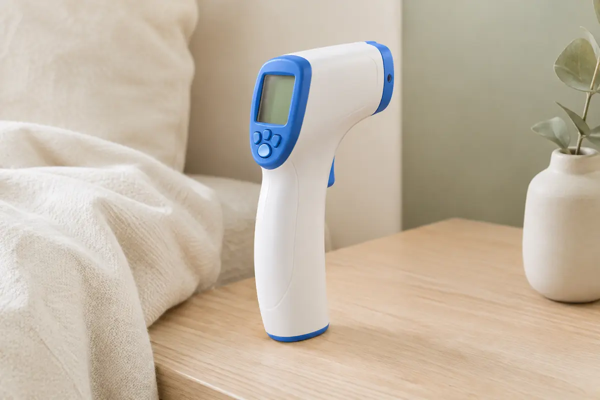 Thermomètre frontal infrarouge Berrcom blanc et bleu posé sur une surface en bois clair