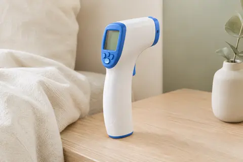 Thermomètre frontal infrarouge Berrcom blanc et bleu posé sur une surface en bois clair