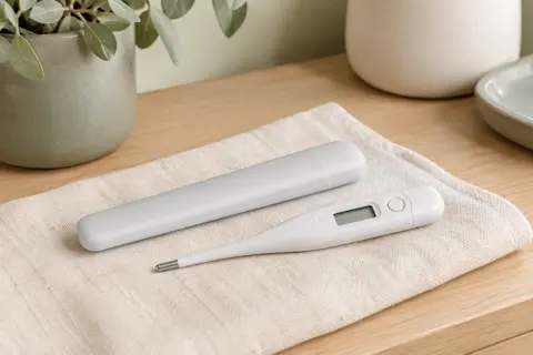 Thermomètre numérique blanc à écran LCD posé sur un linge de coton clair dans un décor apaisant.
