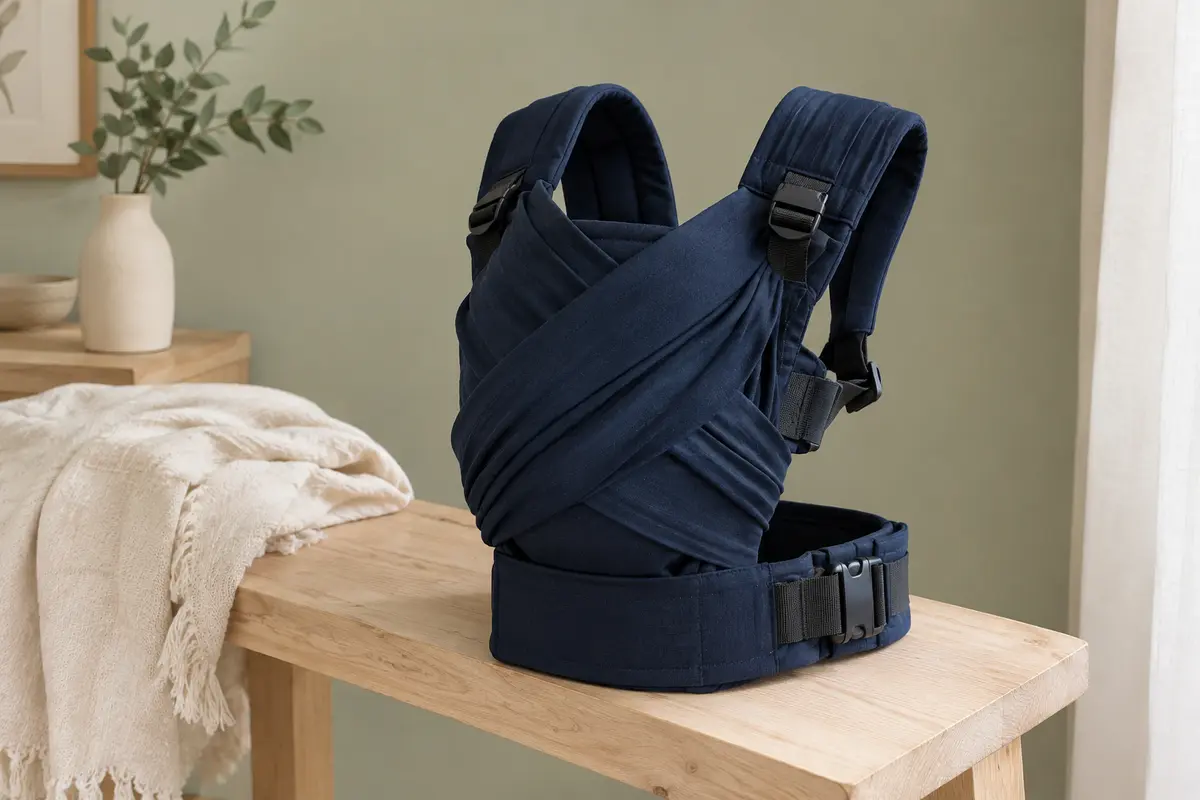 Écharpe de portage hybride Boba Bliss bleu marine avec pans croisés, ceinture réglable et attaches à boucle