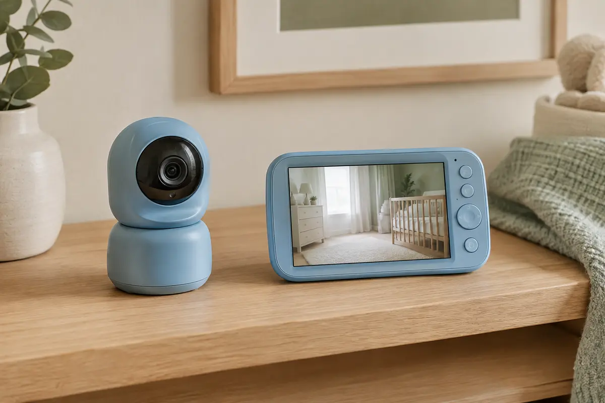 Babyphone vidéo bleu avec caméra orientable et écran dédié posé dans une chambre claire.