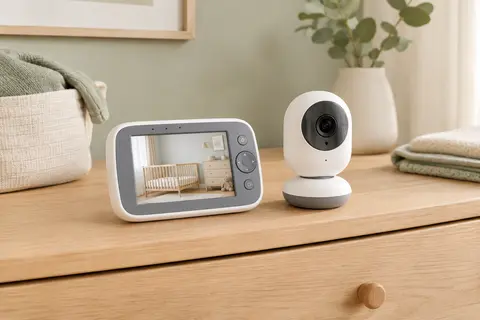 Babyphone vidéo blanc et gris composé d’un écran parent et d’une caméra, posé dans une chambre claire.