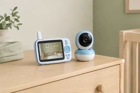 Babyphone Boifun avec écran dédié et caméra bleu et blanc posés sur une commode en bois clair.