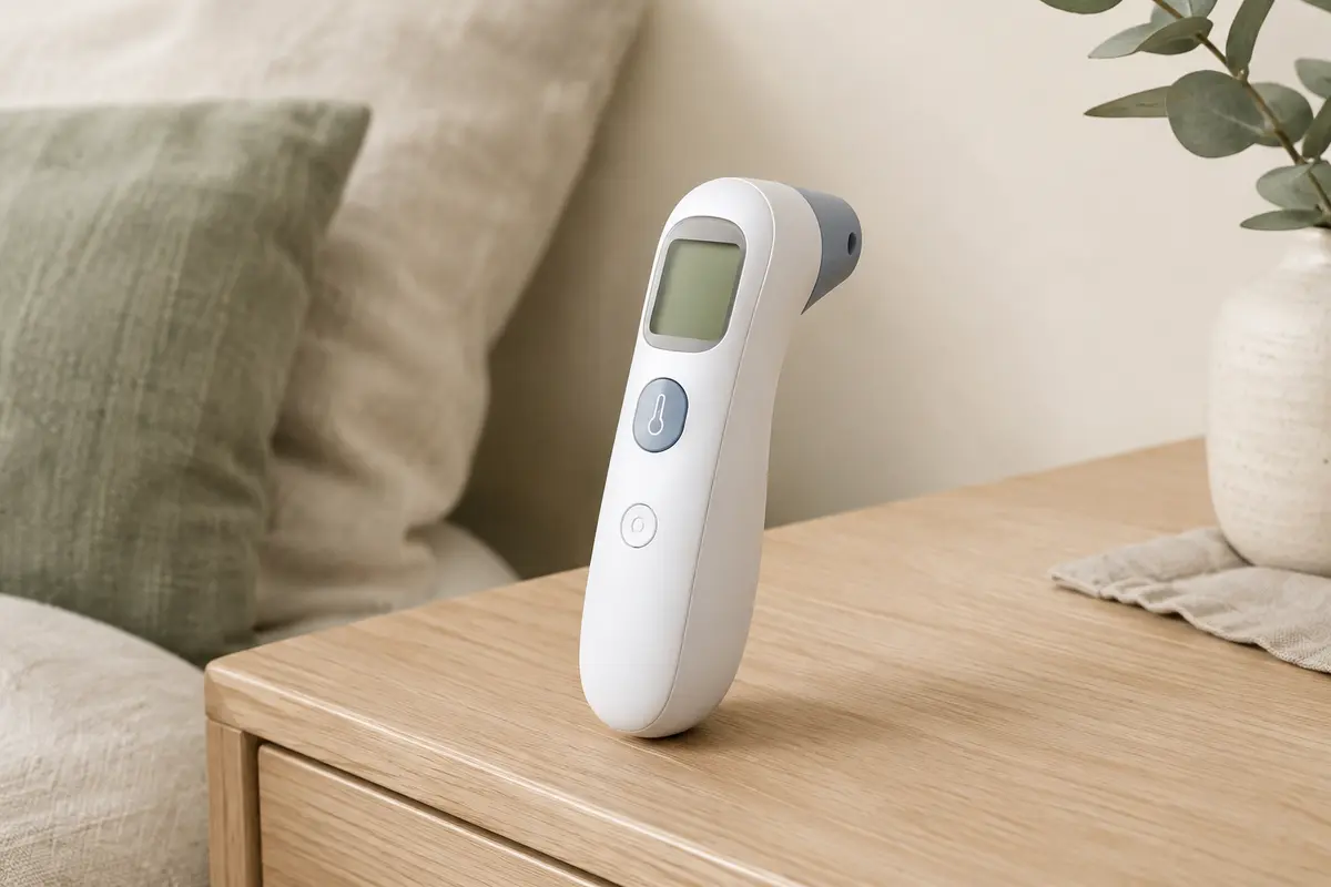 Thermomètre frontal blanc Braun Sensian 7 posé sur une surface en bois clair dans un décor apaisé
