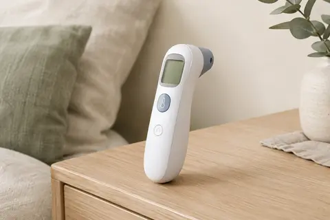 Thermomètre frontal blanc Braun Sensian 7 posé sur une surface en bois clair dans un décor apaisé