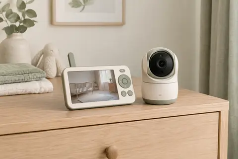 Babyphone Burnnove avec écran parent et caméra motorisée posés sur une commode en bois clair