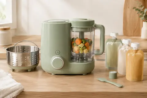 Robot cuiseur bébé vert avec bol de mixage, panier vapeur en inox et gourdes réutilisables