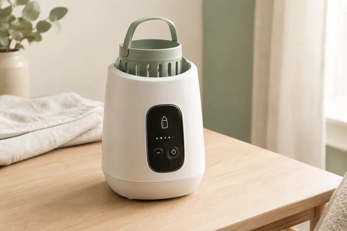 Chauffe-biberon nomade Chicco en plastique posé sur une table en bois clair dans un intérieur lumineux.