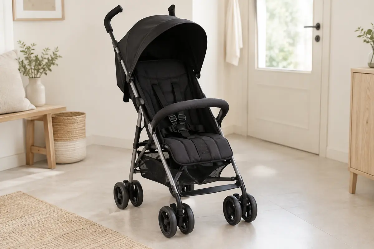 Poussette canne Chicco Echo Lite noire ouverte dans une entrée lumineuse aux tons naturels
