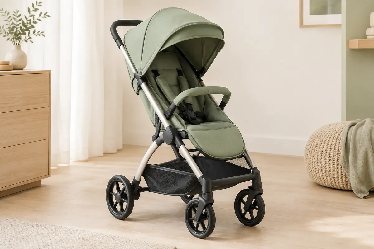 Poussette Chicco Urbino verte à capote extensible, présentée seule dans un intérieur lumineux