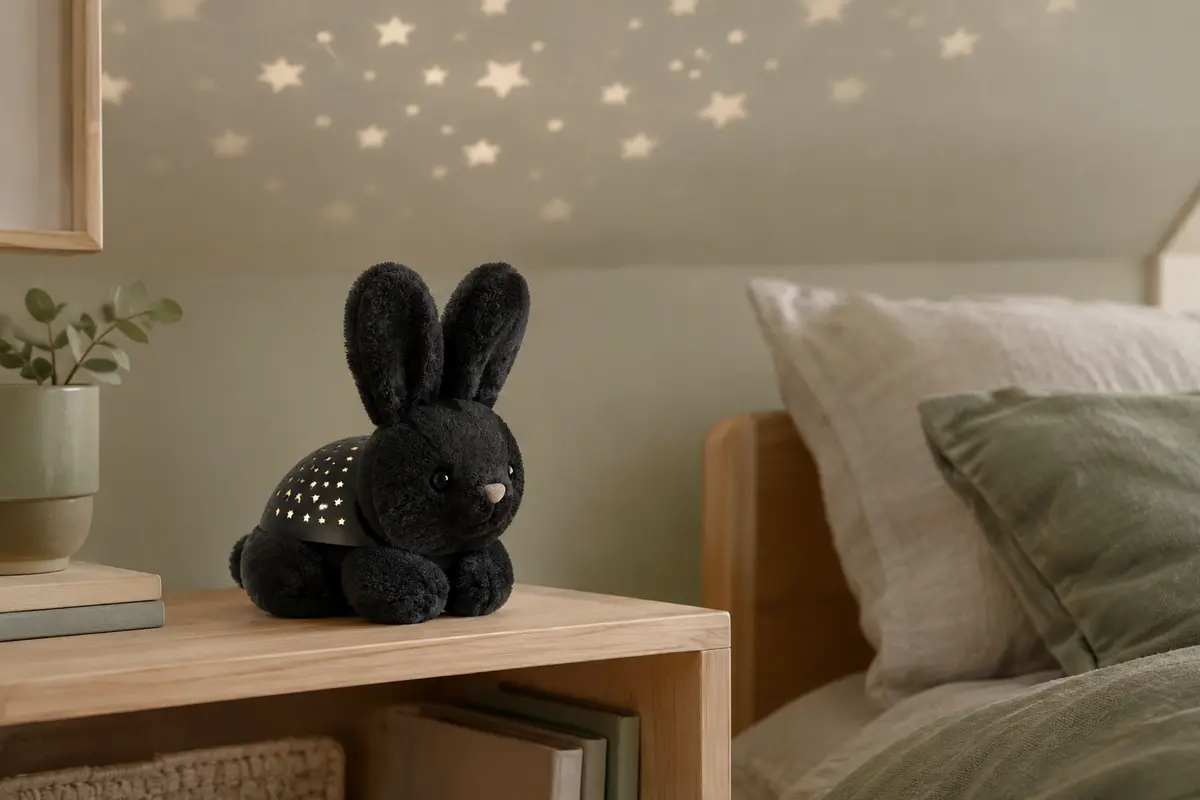 Veilleuse projecteur Benny le Lapin noire posée dans une chambre sobre avec des étoiles au plafond