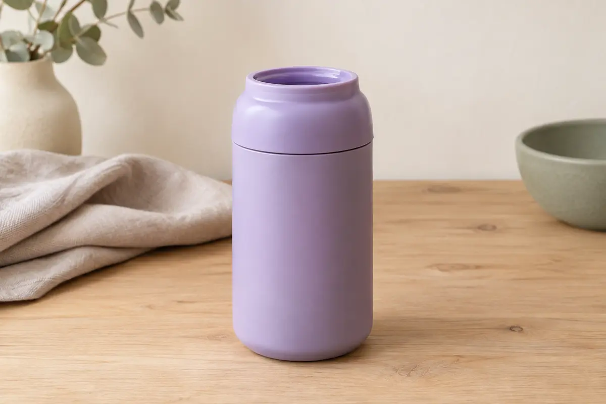 Chauffe-biberon portable violet Comfyer posé sur une surface en bois clair dans un décor lumineux