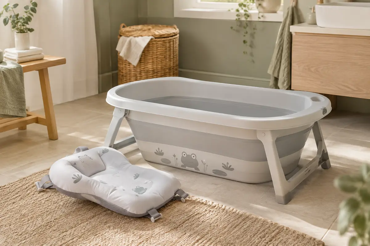 Baignoire bébé pliable grise à motif de grenouille, avec son coussin de bain assorti