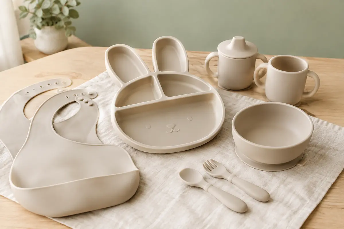 Coffret repas bébé en silicone beige avec assiette compartimentée, bol à ventouse, tasses, couverts et bavoirs