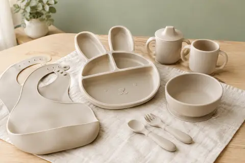 Coffret repas bébé en silicone beige avec assiette compartimentée, bol à ventouse, tasses, couverts et bavoirs