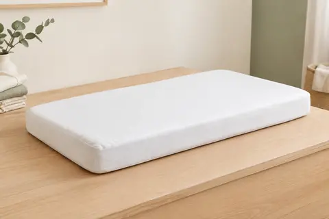Matelas bébé blanc de 40 × 80 cm à housse en viscose de bambou, posé seul dans une chambre lumineuse.