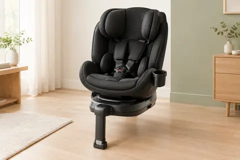 Siège auto évolutif noir avec base pivotante, jambe de support et porte-gobelet, photographié dans un intérieur clair.