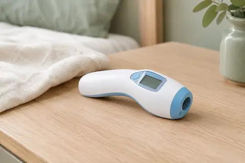 Thermomètre frontal sans contact blanc et bleu, avec écran LCD, posé sur une surface en bois clair.