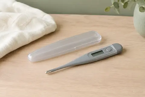 Thermomètre numérique gris avec écran LCD et étui de rangement posé sur une surface en bois clair