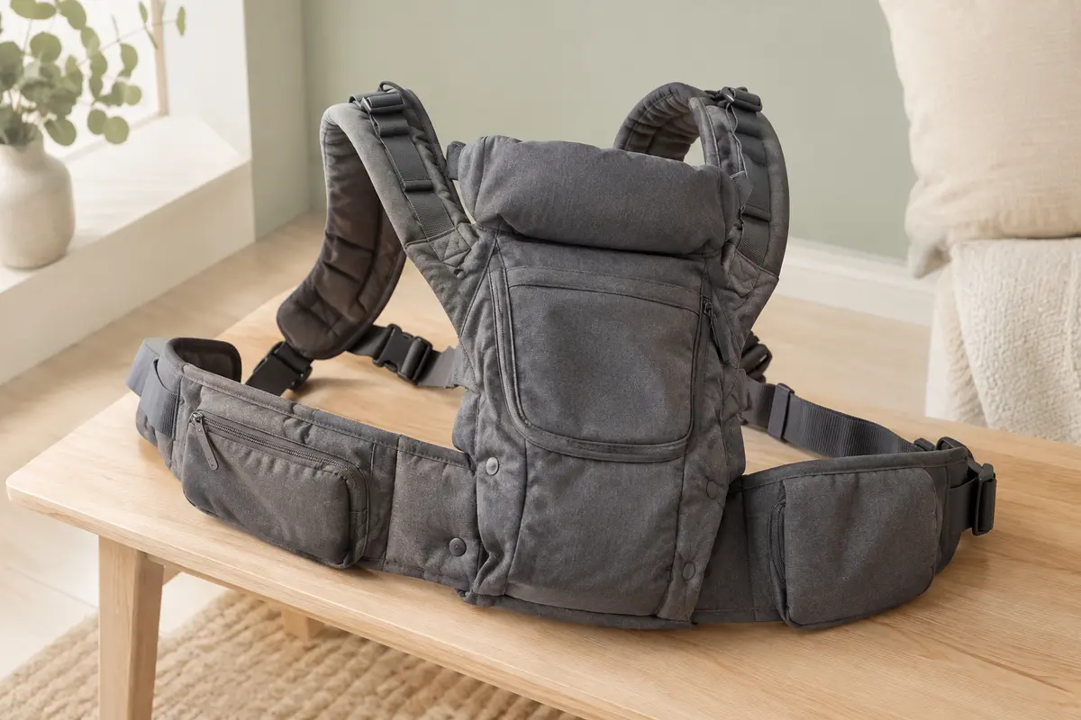 Porte-bébé Gagaku gris foncé posé seul sur un banc en bois clair, avec ses bretelles et sa ceinture visibles.