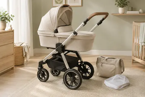 Poussette combinée beige avec nacelle, châssis en aluminium et poignée réglable dans un intérieur lumineux