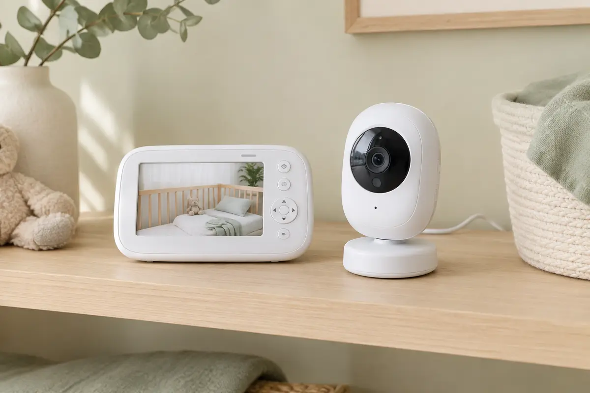 Babyphone vidéo GHB blanc avec moniteur couleur et caméra posé sur une étagère en bois clair