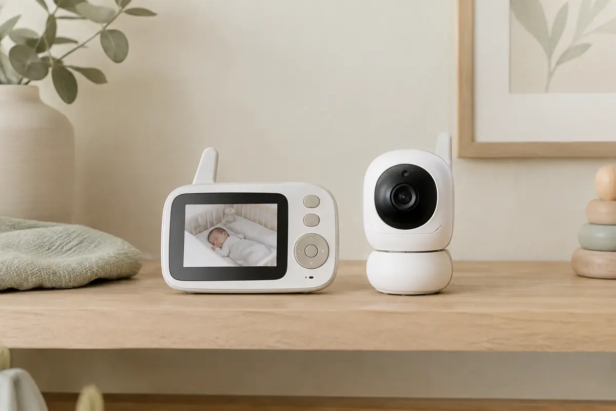 Moniteur vidéo GHB et caméra de babyphone présentés sur une étagère en bois clair dans une chambre apaisée.
