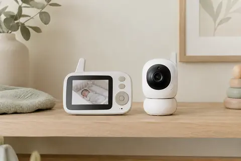 Moniteur vidéo GHB et caméra de babyphone présentés sur une étagère en bois clair dans une chambre apaisée.