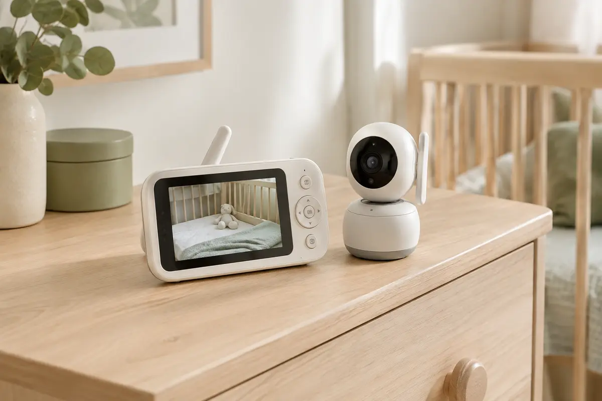 Moniteur LCD et caméra de babyphone vidéo posés sur une commode en bois clair dans une chambre