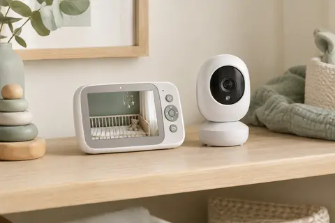 Écran et caméra blancs d’un babyphone vidéo posés sur une étagère en bois clair dans une chambre apaisée.