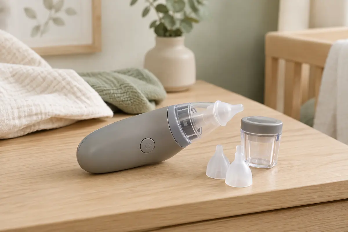 Mouche-bébé électrique gris avec embouts souples et réservoir transparent, posé dans un décor clair