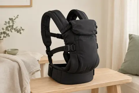 Porte-bébé physiologique noir Grownsy avec boucle, appui-tête et bretelles rembourrées, posé sur un banc en bois clair.