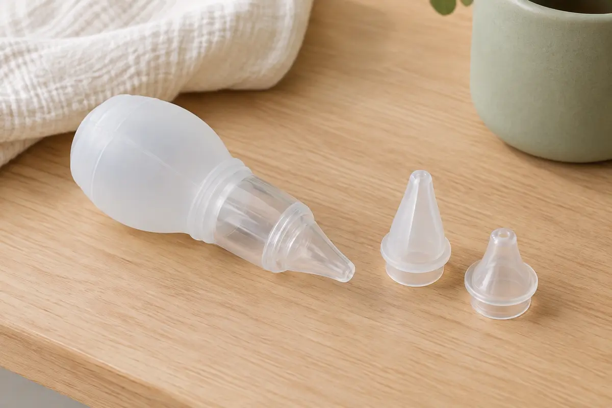 Mouche-bébé manuel transparent en silicone avec ses deux embouts posés à côté sur du bois clair.