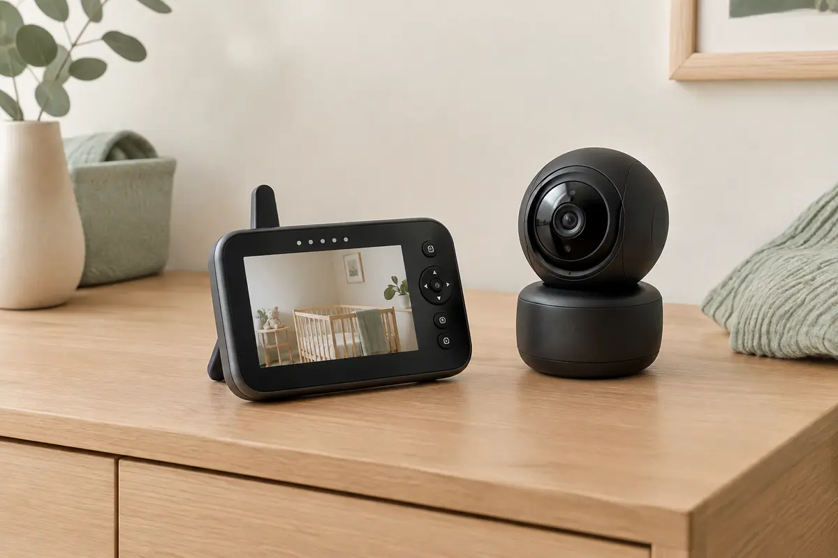 Babyphone HelloBaby noir avec écran parent et caméra orientable posé sur une commode en bois clair