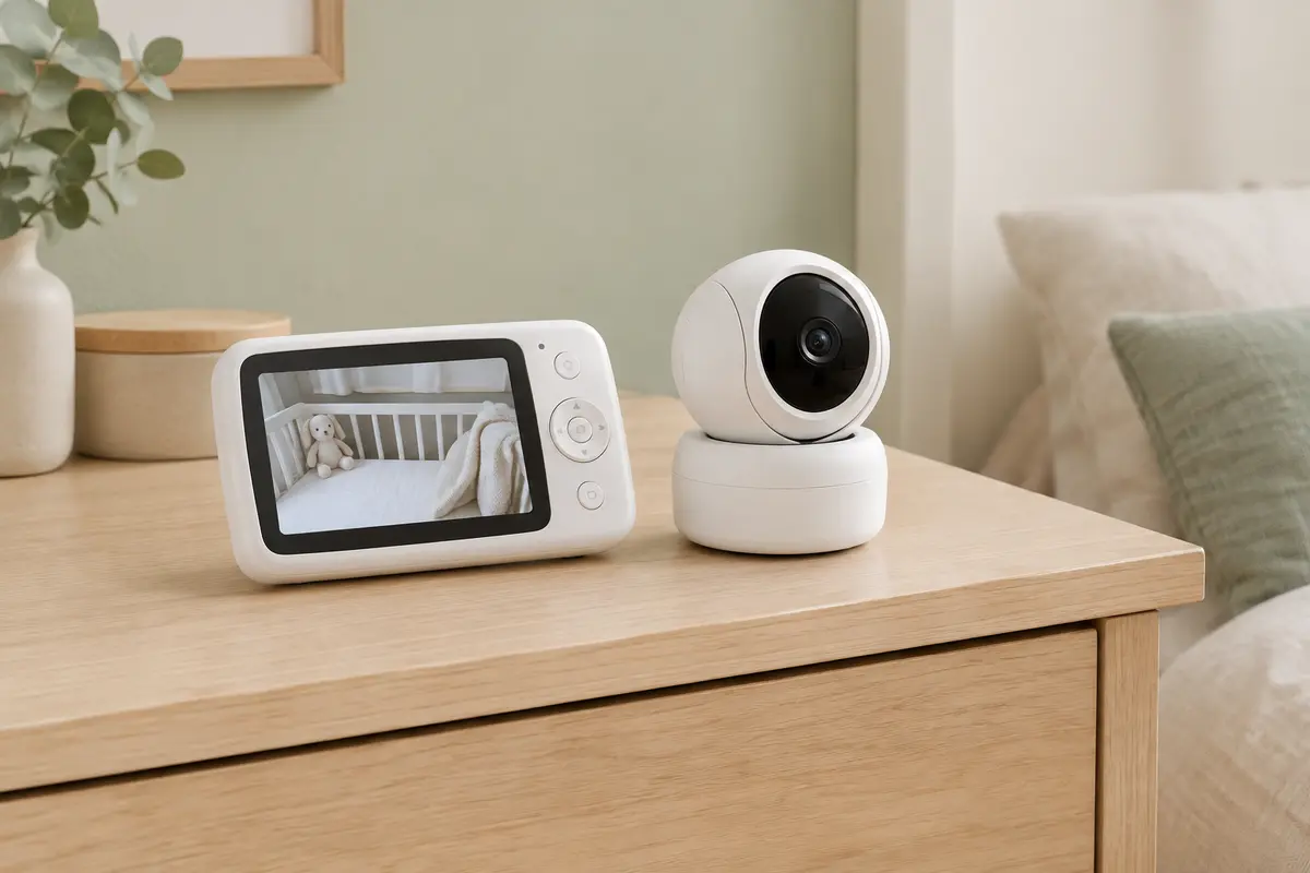 Moniteur HelloBaby HB65 et caméra blanche orientable posés sur une console en bois clair dans une chambre.