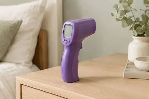 Thermomètre frontal infrarouge pourpre posé sur une surface en bois clair dans un décor apaisant