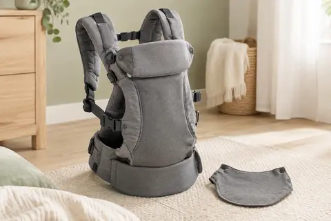 Porte-bébé Infantino gris en polyester avec bretelles rembourrées et bavoir amovible, posé dans une chambre claire.
