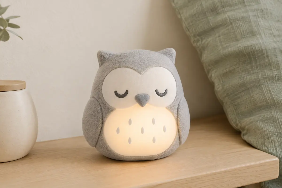 Veilleuse rechargeable grise en forme de chouette posée dans une chambre aux tons doux