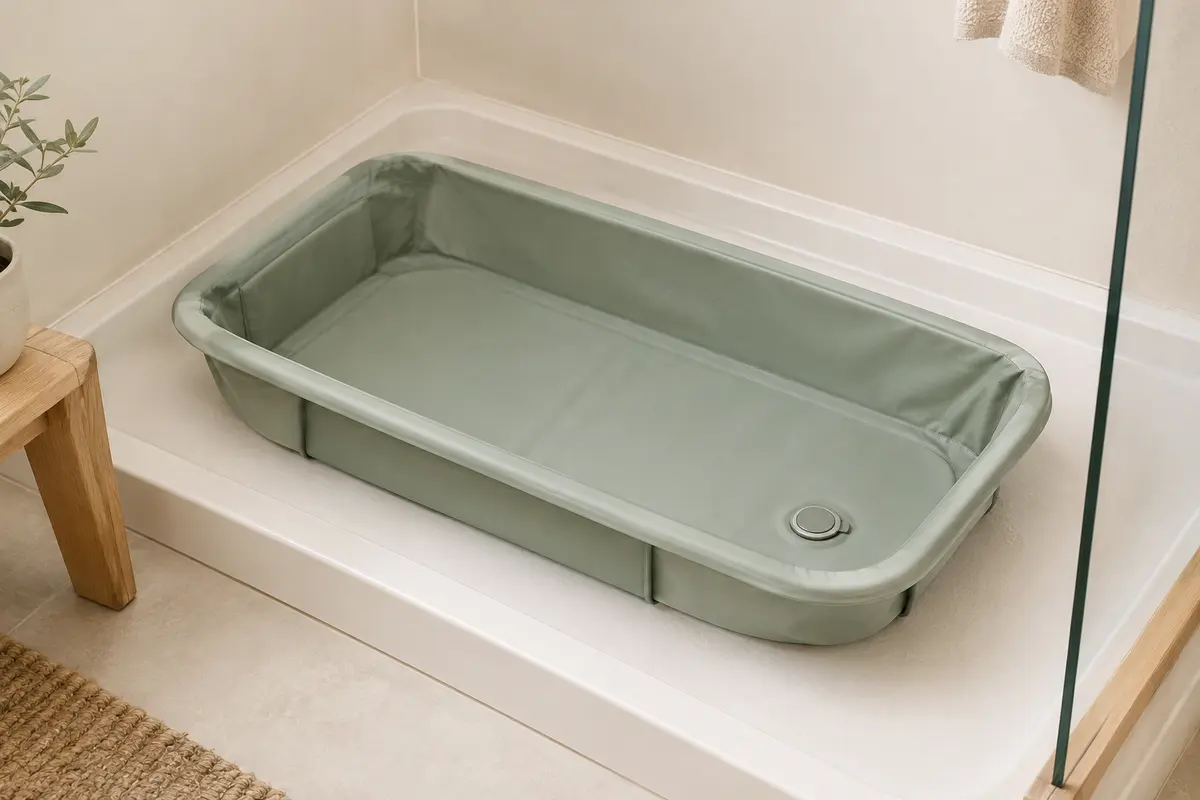 Baignoire pliable vert sauge installée dans un receveur de douche clair