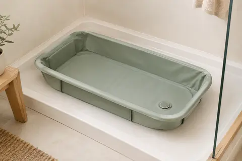 Baignoire pliable vert sauge installée dans un receveur de douche clair